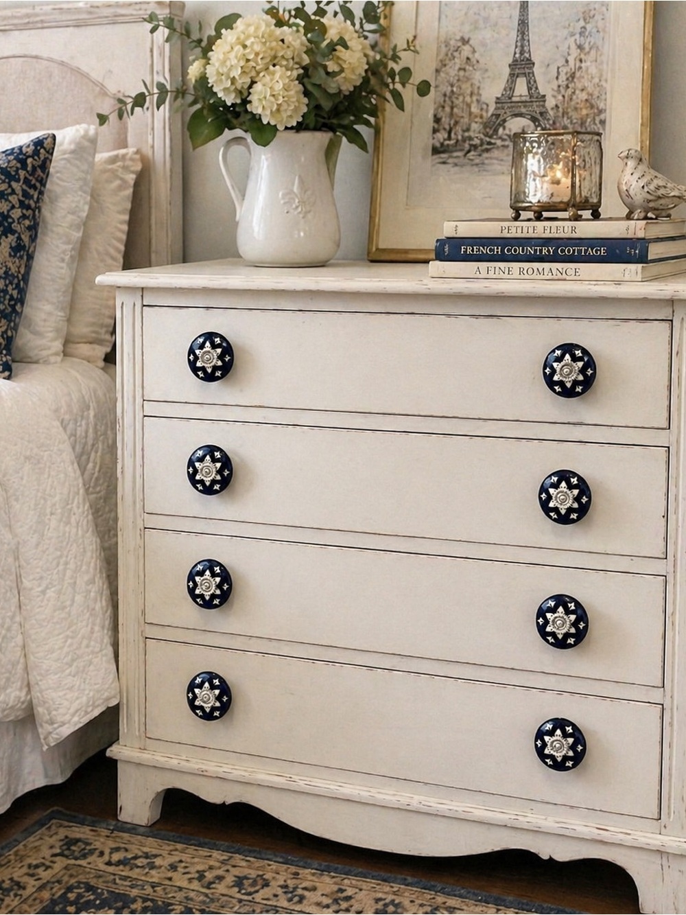 Set of 8 Casa Decor Navy Blue White Ceramic Drawer Knobs Floral Cottagecore Boho